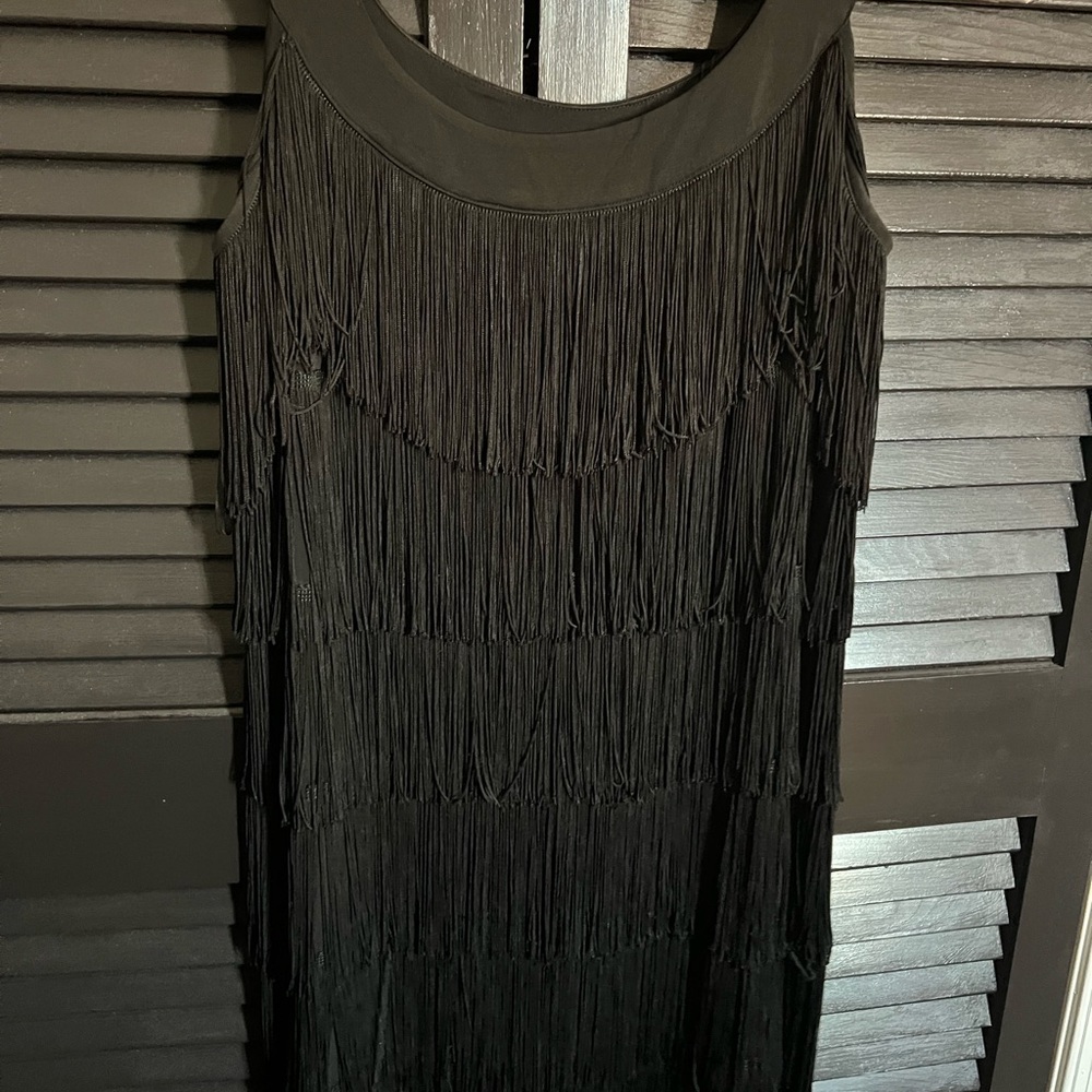 Donna Morgan Elegant Black Fringe Midi Dress